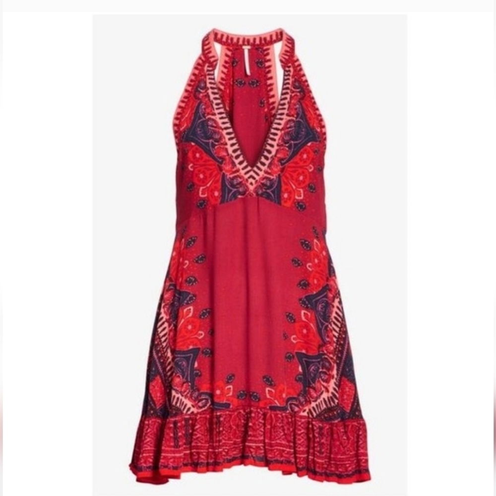 Free People Steal The Sun Halter Mini Dress Ruffle Hem Cutout Swingy Red Md NWT - Picture 11 of 16